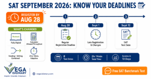 SAT September 2026 registration deadline infographic showing key dates and Digital SAT format changes by Vega Visionary