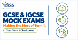 GCSE and IGCSE mock exams Term 1 infographic showing revision, timed practice, and predicted grades checkpoints