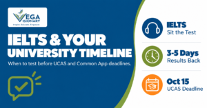 IELTS test date timeline against UCAS and Common App deadlines infographic by Vega Visionary