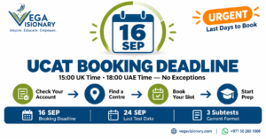 UCAT booking deadline September 16 2026 infographic with 4-step checklist