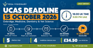 UCAS deadline October 15 2026 countdown infographic for Oxbridge, medicine, dentistry and vet applicants by Vega Visionary
